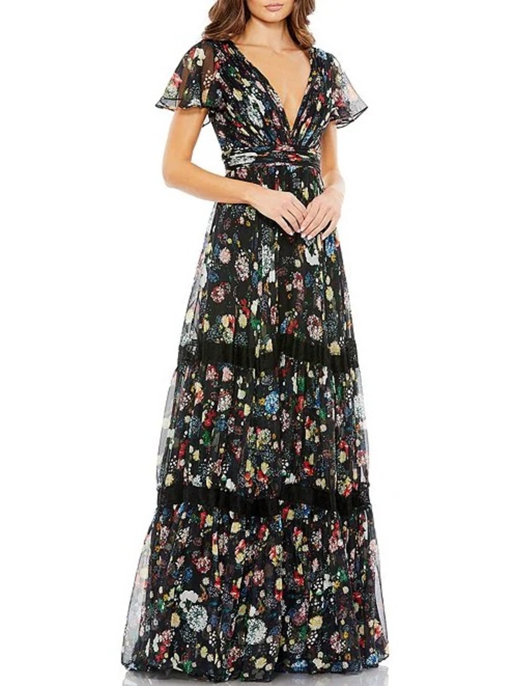 Mac Duggal Dress Size 12 Black Floral Tiered Flowy Ruffle Gown